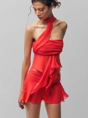 Guizio Chiffon Wrap Around Top and Skirt Set in Poppy